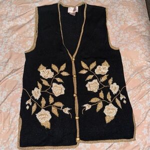 Jaclyn Smith Black Knit Vest with Gold Trim